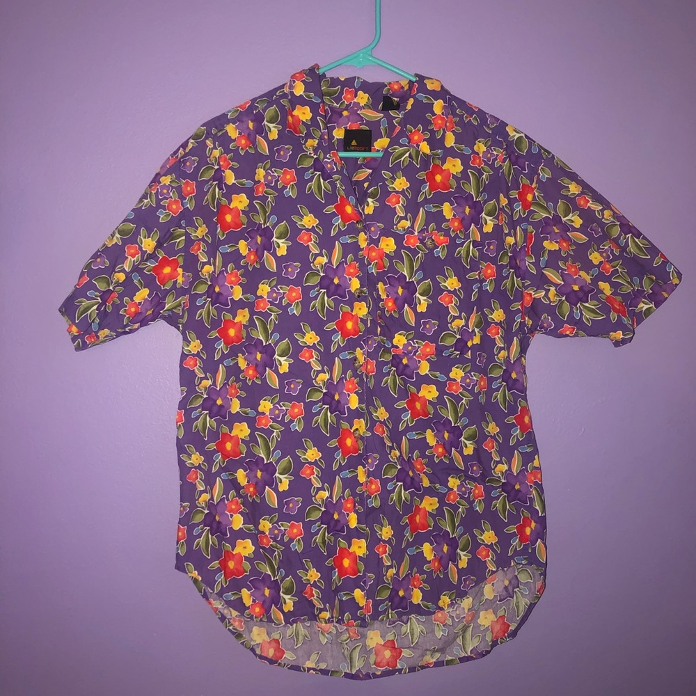 purple floral short sleeve button down